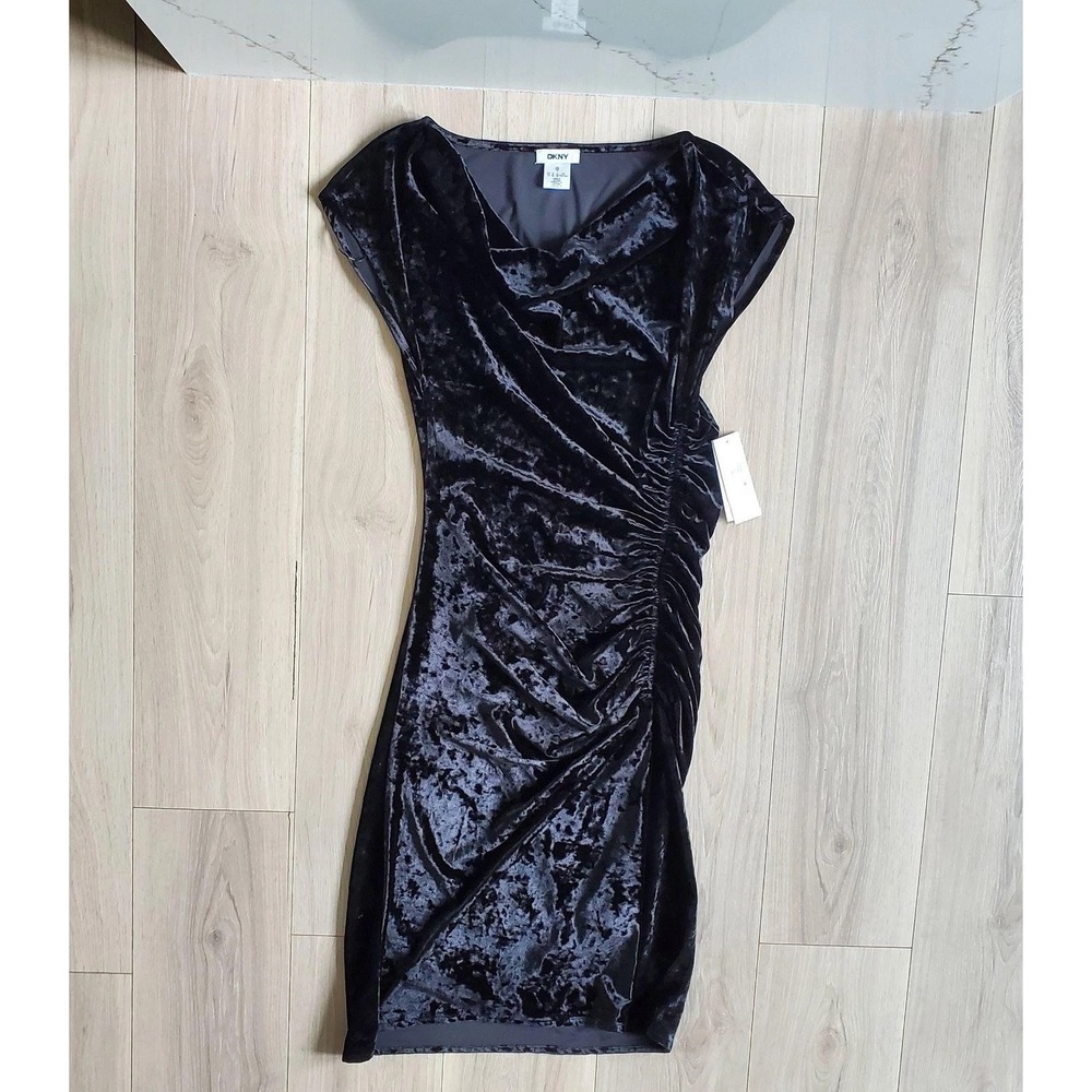 DKNY Skirt Womens 10 Black Crushed Velvet Ruched Trumpet Midi Lined Stretch